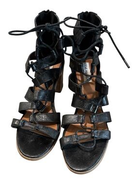 Steve Madden Daytona Black Leather Gladiator Heels Lace Up Size 7.5 Orig $130